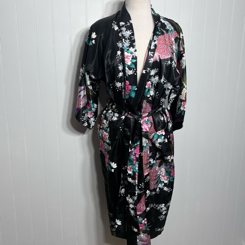 Vintage Silky Peacock Floral Kimono Robe Boho Luxe Statement Vacation Medium - Picture 2 of 9
